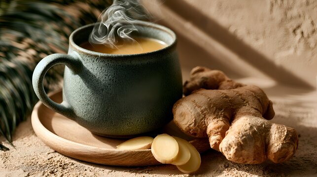 Steaming ginger tea in a dark mug sits on a wooden coaster with sliced ginger root on a tray in warm light with palm fronds decor.	
