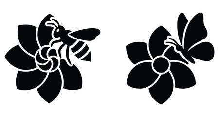 Bee And Flower Silhouettes Black Vector Illustration On White Background insect blossom petal pollen nectar © ROBIN