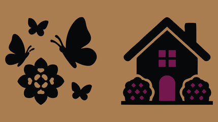 Black silhouettes of butterflies and a house with flowers on a brown background butterfly lepidoptera © ROBIN