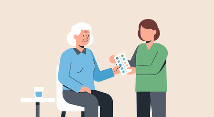 Fototapeta premium Nurse giving medication to elderly woman, healthcare assistance, home care, medical support