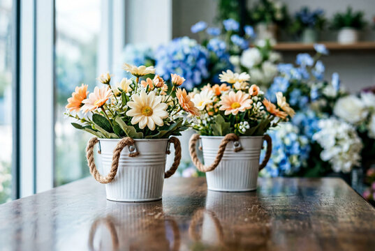 Potted artificial daisies in white metal buckets with rope handles