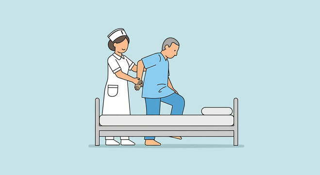 Nurse helping elderly man get out of bed, home care assistance, medical support