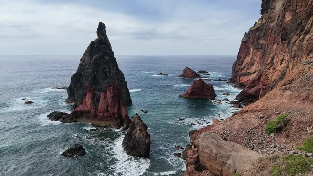 Panoramic view of dramatic volcanic rock stacks at Ponta de Sao Lourenco peninsula in Madeira