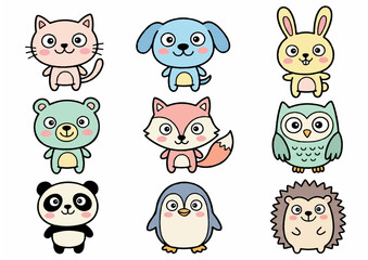 Fototapeta premium Kawaii Forest and Pet Animal Character Sticker Set