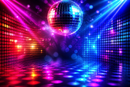 Disco ball reflecting colored lights on empty dance floor