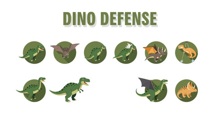 DINO DEFENSE title above two rows of circular icons featuring cartoon dinosaurs and flying reptiles © Fauzan Adzima