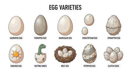 Illustration showing ten varieties of dinosaur eggs and nest configurations © Fauzan Adzima