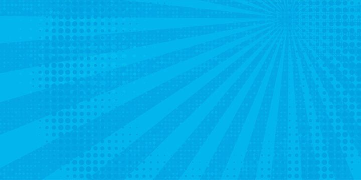 Comic background. Pop art texture. Starburst cartoon style. Anime design with explosion effect for print. Fun dot pattern. Blue backdrop with halftone gradient. eps 10