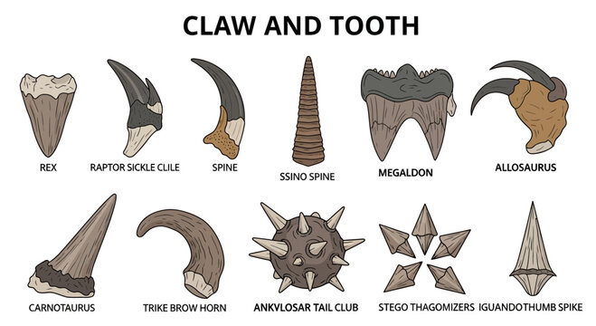 An illustration displays prehistoric claws teeth horns and defensive spikes with labels