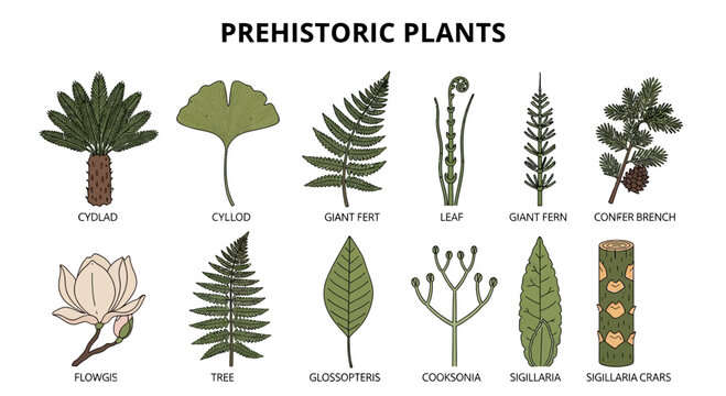 Illustration of twelve distinct prehistoric plant types with labels