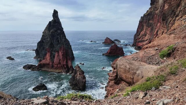 Static shot of dramatic volcanic rock stacks at Ponta de Sao Lourenco peninsula in Madeira
