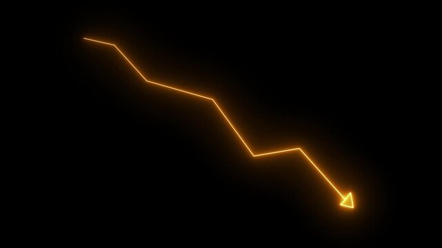Glowing red neon downward graph with arrow indicating decline, loss, and negative trends on a dark, abstract background, perfect for conveying risk, crisis animation.Right-directional arrow loop.4k