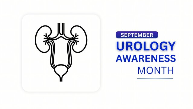 A clean 4K medical vector banner template for September's Urology Awareness Month, showcasing a line art diagram of the human urinary tract system including kidneys, ureters, and bladder.