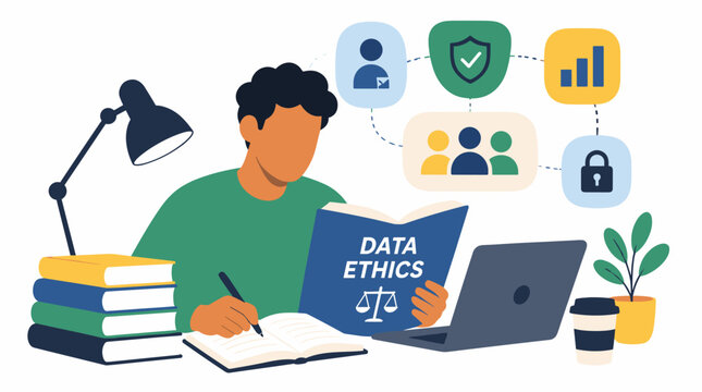 Student focused on data ethics study at desk without distraction.