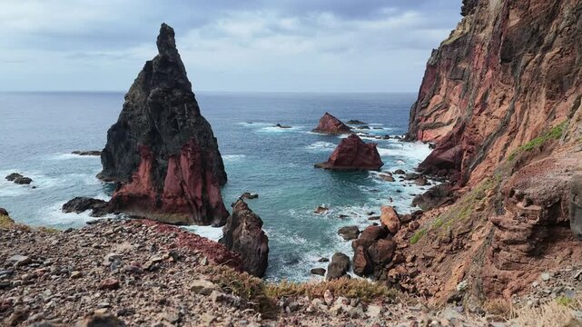 Static shot of dramatic volcanic rock stacks at Ponta de Sao Lourenco peninsula in Madeira