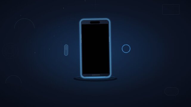 A futuristic looping animation of a mobile phone mockup featuring a vibrant blue neon outline and floating HUD UI elements against a dark space background.