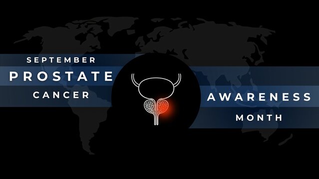 A professional dark vector graphic highlighting September as Prostate Cancer Awareness Month, featuring a stylized medical illustration of a prostate gland over a world map.