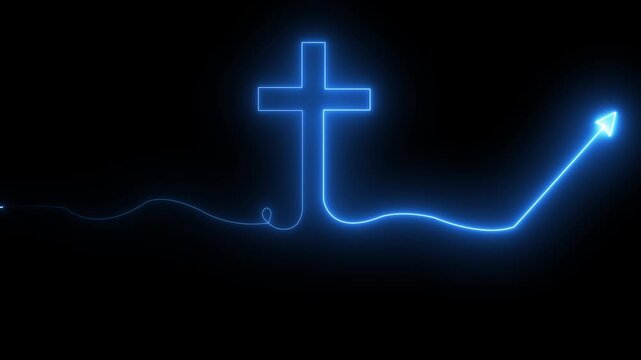 Bright glow flickering neon cross icon. Christianity symbol. Motion graphic video animation. Christian Cross Symbol Animation of an ultra christian cross with blue flames.4k animation