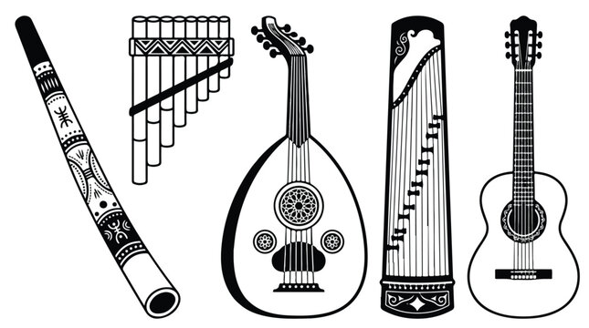 Collection of musical instruments including a flute, xylophone, acoustic guitar, electric guitar, and a ukulele