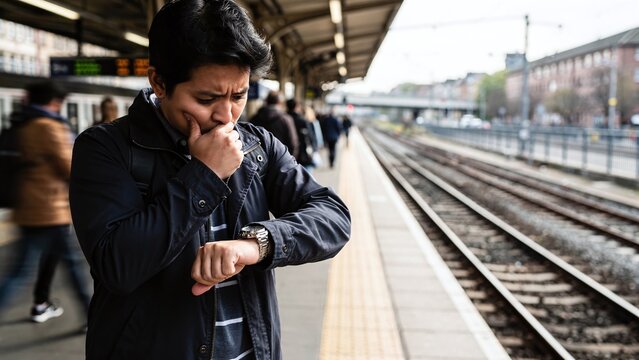 Young man looking at watch nervously on train platform, feeling anxious about being late or missing his train, waiting for public transport.