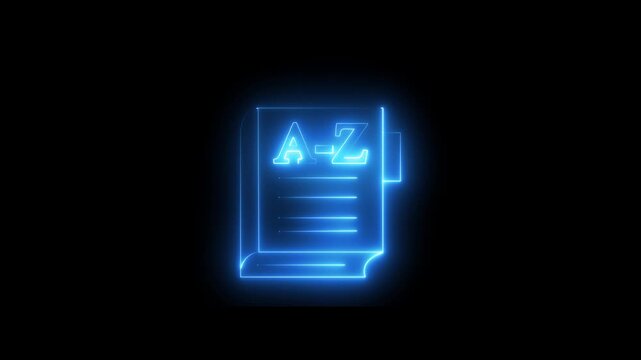 Glowing neon dictionary book icon isolated on black background. dictionary icon animation. Foreign language conversation icon. Translating animation.4k