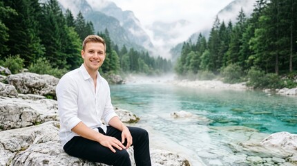 Fototapeta premium Man sitting on rocks by serene mountain lake with misty forest backdrop