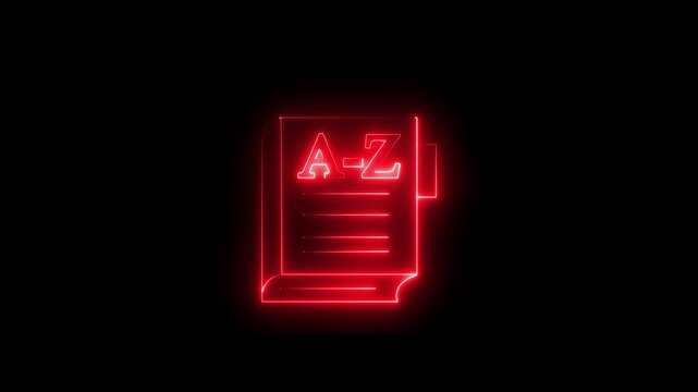 Glowing neon dictionary book icon isolated on black background. dictionary icon animation. Foreign language conversation icon. Translating animation.4k
