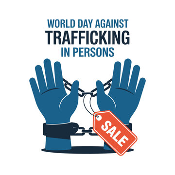 World day against trafficking in persons concept with hands in handcuffs and a sale tag