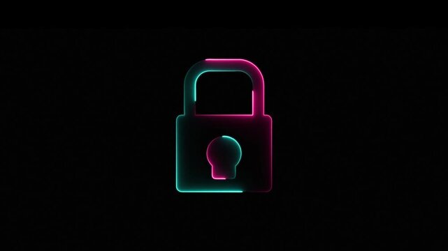 Glowing neon lock animation icon security privacy password protection safety animated on black background, encryption privacy protection secret padlock icon.