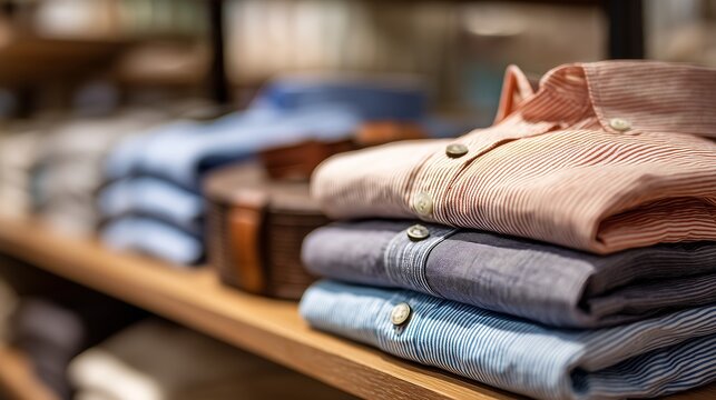 Casual cotton men shirts folded on a shelf with accessories in a Scandinavian style store, illuminated by bright natural light for a clean fashion display.