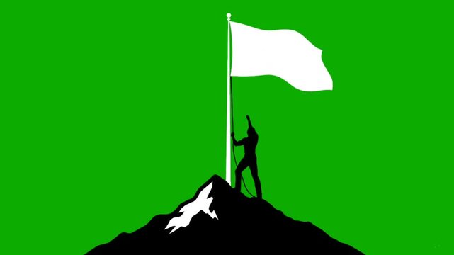 silhouette of a man planting a flag on top of a mountain