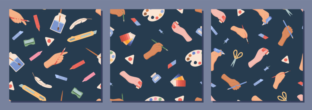 Flat painter tool pattern on blue background with cartoon hand and brush as main art object seamless. Pencil, marker, palette and scissors appear as playful stationery craft supply collection, ideal
