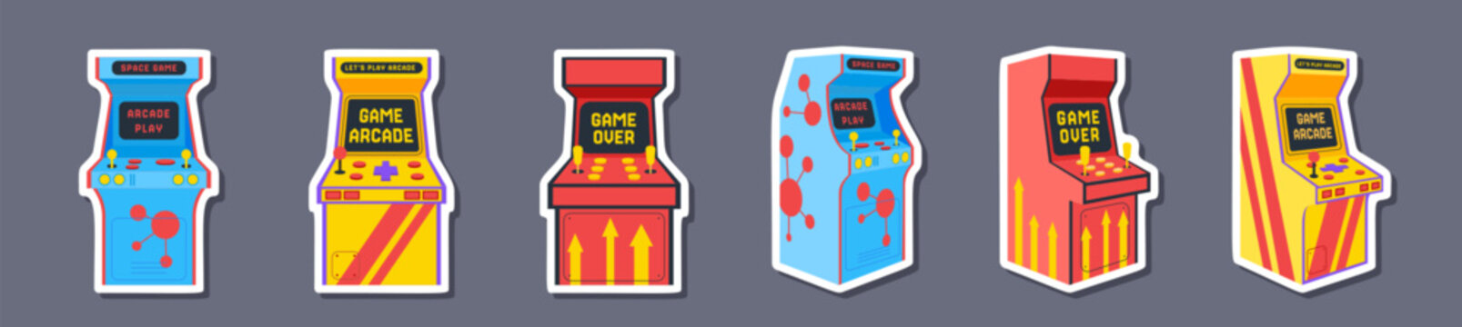 Retro arcade machine sticker set cartoon in bold red and blue with y2k vibe. 90s videogame controller and game device for electronic entertainment, classic arcade fun, playful collection.