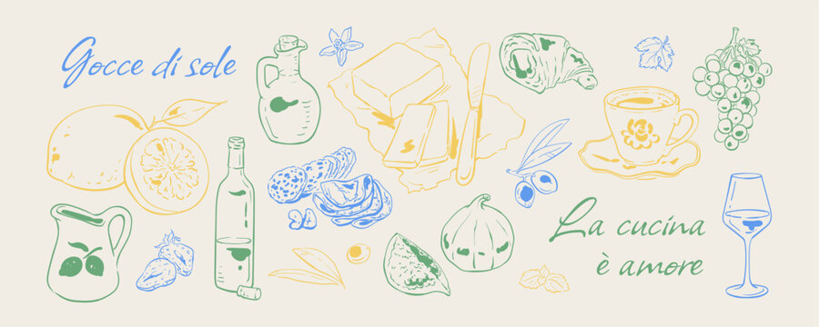 Whimsical italian brunch coffee and food. Cute breakfast doodle set with croissant, lemon and olive in blue yellow ink line. Cozy mediterranean brunch collection as vintage background for cafe menu,