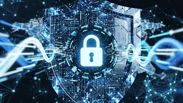 Global network cybersecurity concept with digital shield and padlock, symbolizing data protection, online safety, and threat prevention. Advanced technology for internet security and privacy.