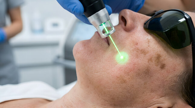 Laser treatment targeting dark spots on a patient's face in a clinic
