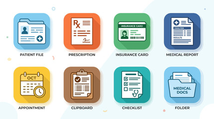 Fototapeta premium Medical document flat icon set: patient file, prescription, health insurance card, medical report, appointment calendar, clipboard, medical checklist, document folder, flat vector style