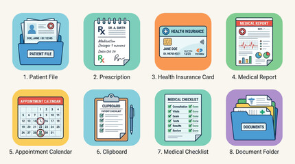 Fototapeta premium Medical document flat icon set: patient file, prescription, health insurance card, medical report, appointment calendar, clipboard, medical checklist, document folder, flat vector style