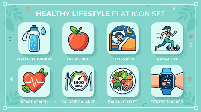 Healthy lifestyle flat icon set: water bottle, apple, sleep icon, exercise pose, heart health, calorie symbol, healthy meal icon, activity tracker