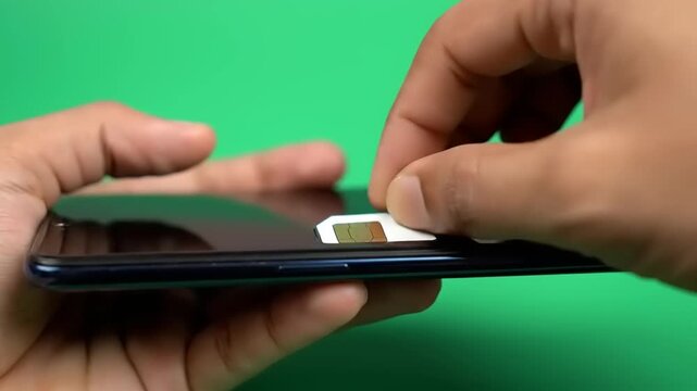 Close-up of human hands carefully inserting a miniature SIM card into the dedicated tray of a modern mobile phone, illustrating the essential process for network activation
