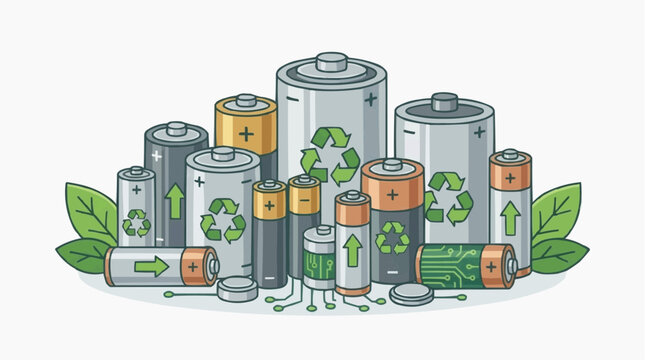 Collection of various batteries including rechargeable and recycling symbols with green leaves symbolizing eco-friendly energy and sustainability