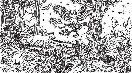 Fototapeta premium Enchanted forest coloring page vector, nocturnal woodland animals in night landscape, mystical wildlife scene with owl and fox line art