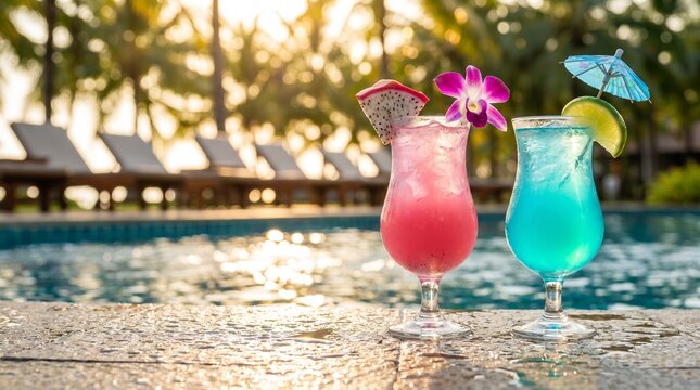 Two colorful tropical cocktails, pink and blue, on the edge of a swimming pool. Blurred background with sun loungers and palm trees at sunset. Summer vacation concept