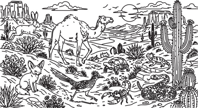 Desert landscape coloring page with wild animals, black and white line art of camel and cactus, educational nature scene vector illustration