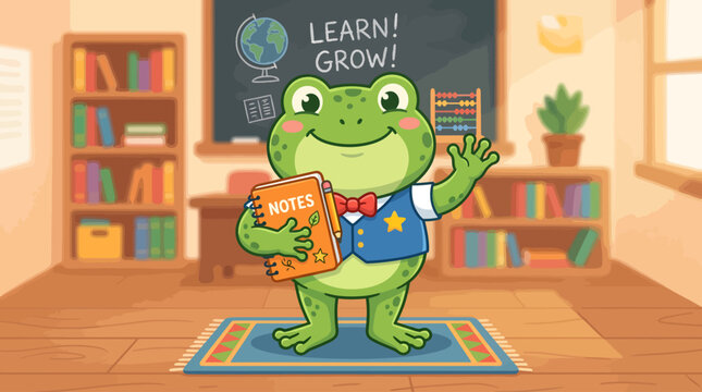 Cartoon Frog Character Standing in Classroom Environment.
