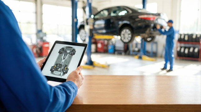 Auto service technician examining car chassis diagram on tablet in modern garage with lifted vehicle for diagnostic and maintenance solutions.