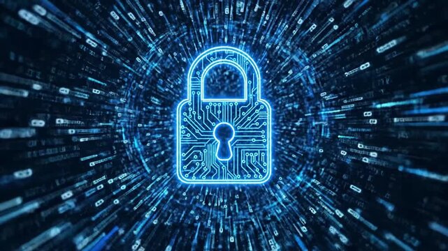 Secure digital padlock icon with glowing circuit board pattern representing advanced cybersecurity for data protection, online privacy, network security, and cyber threat prevention in information...