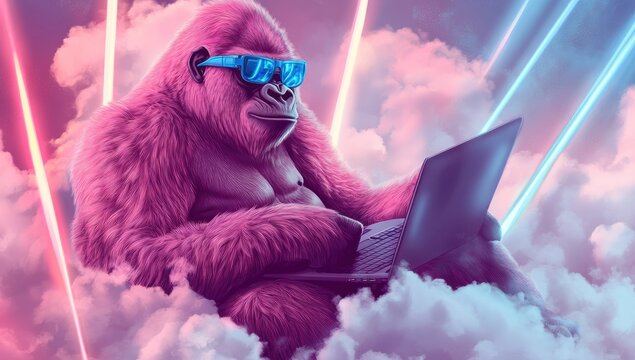 Pink Gorilla Wearing Sunglasses Using Laptop in Clouds with Neon Lights.