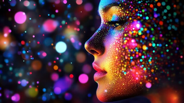 Woman with colorful glitter makeup and bokeh lights in the background.