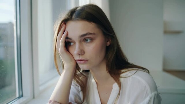 Young woman in white blouse resting head on hand by window, medium shot, copy space
